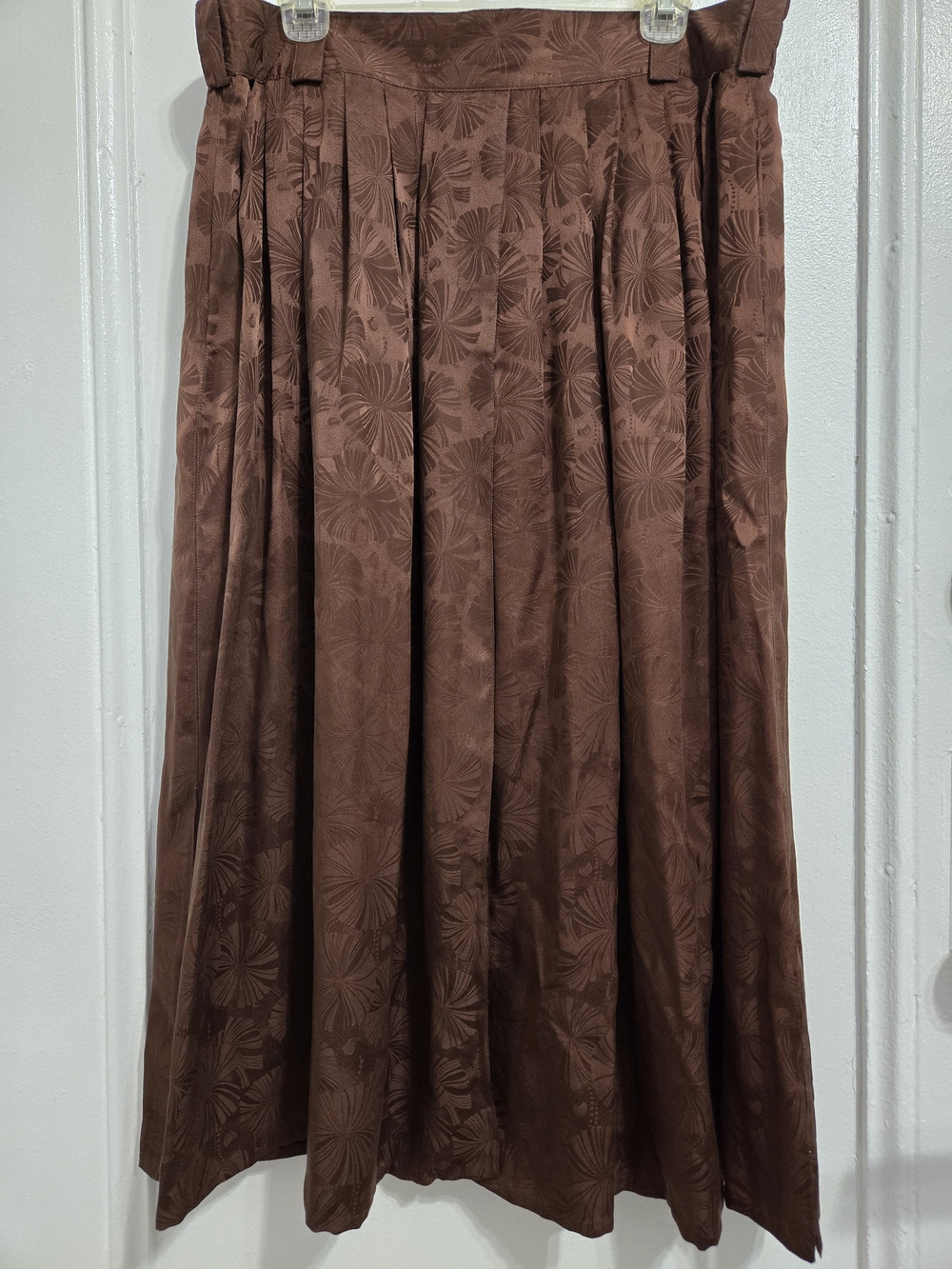 Brown Silk Floral-Jacquard Midi Skirt with Pleats